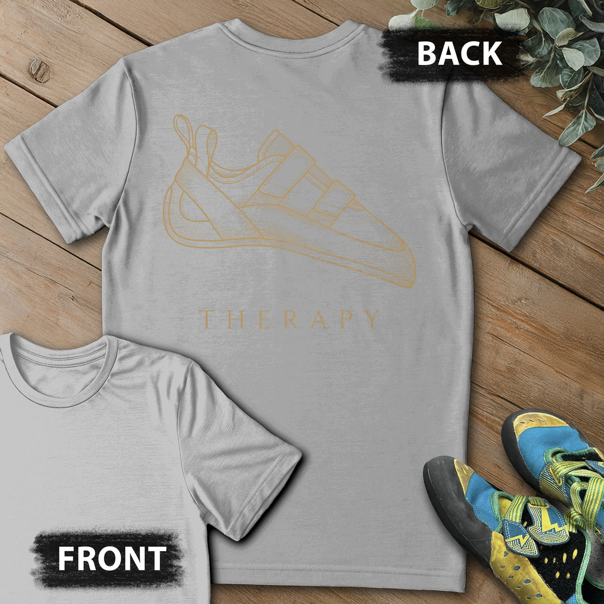 Therapy Climbing Shoe Backprint Tee in Sport Grey — flat lay mockup