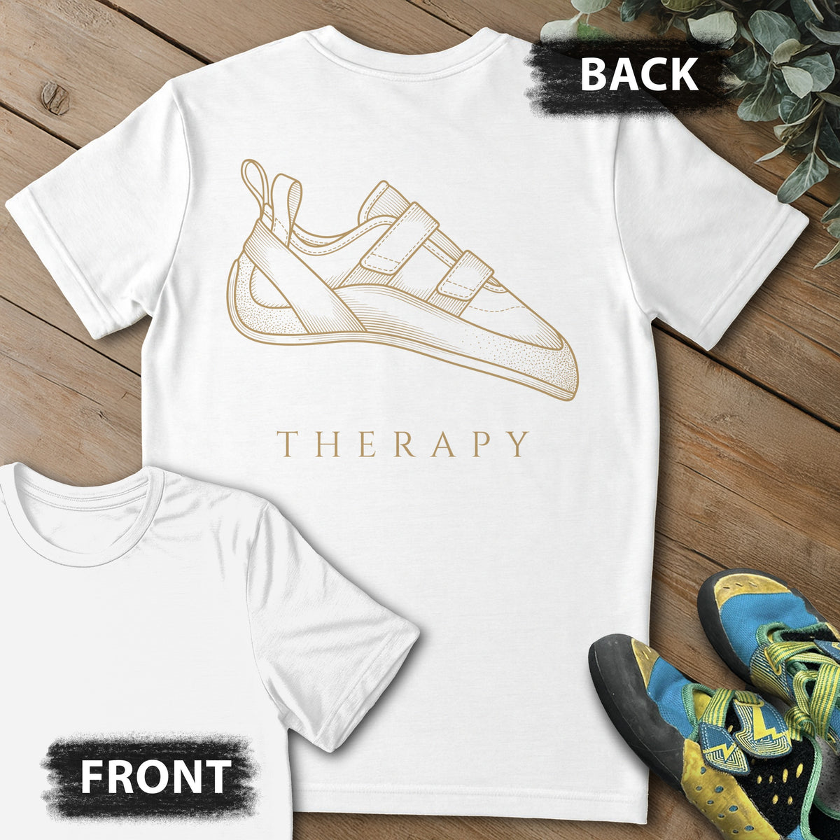 Therapy Climbing Shoe Backprint Tee in White — flat lay mockup