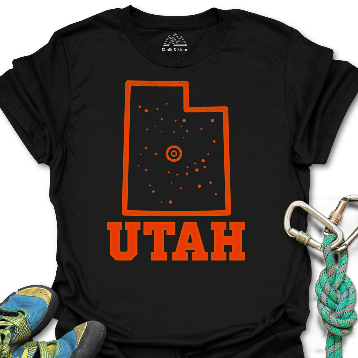 Utah Climbing Hold Tee in Black — flat lay mockup