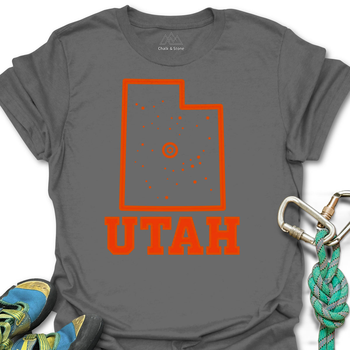 Utah Climbing Hold Tee in Charcoal — flat lay mockup