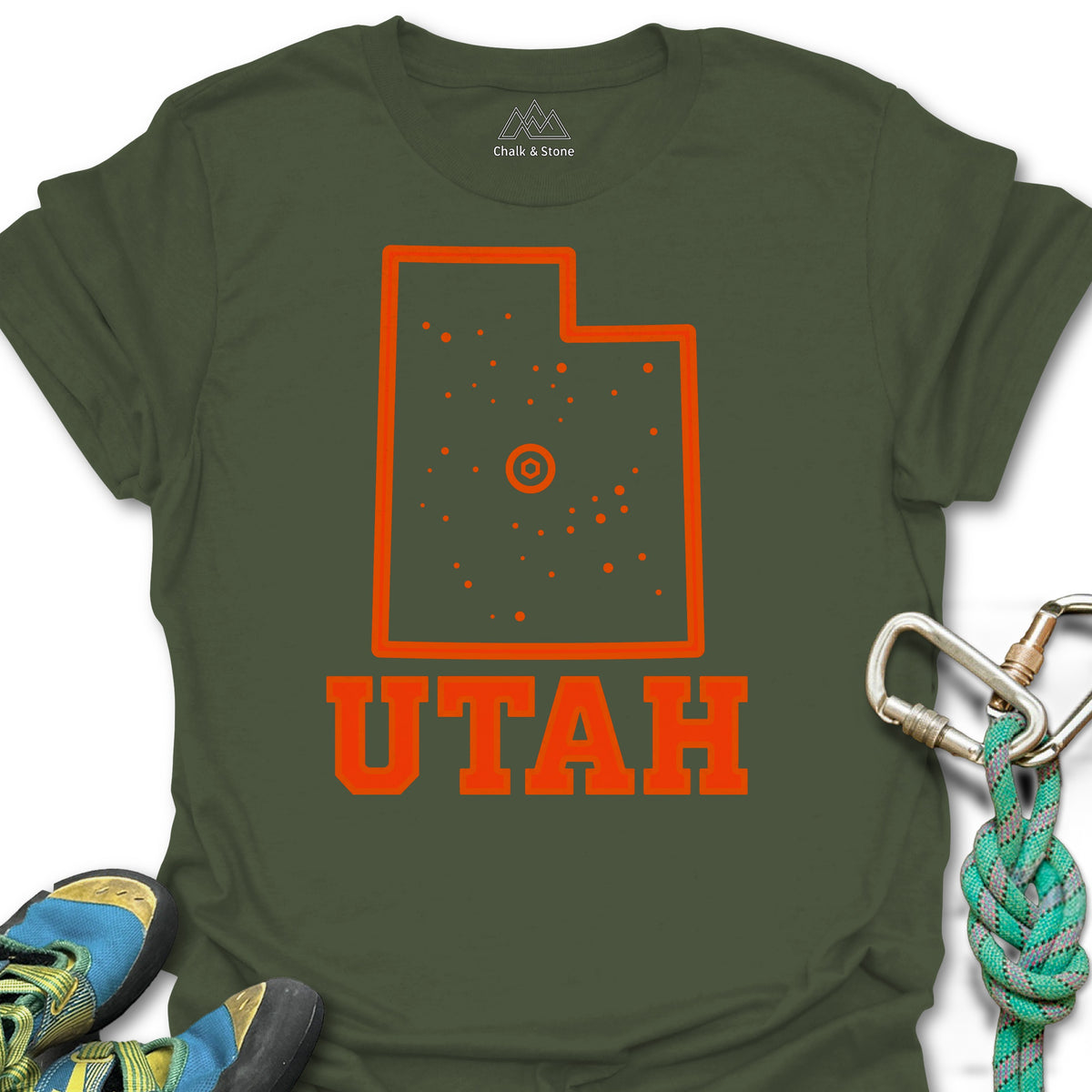 Utah Climbing Hold Tee in Military Green — flat lay mockup