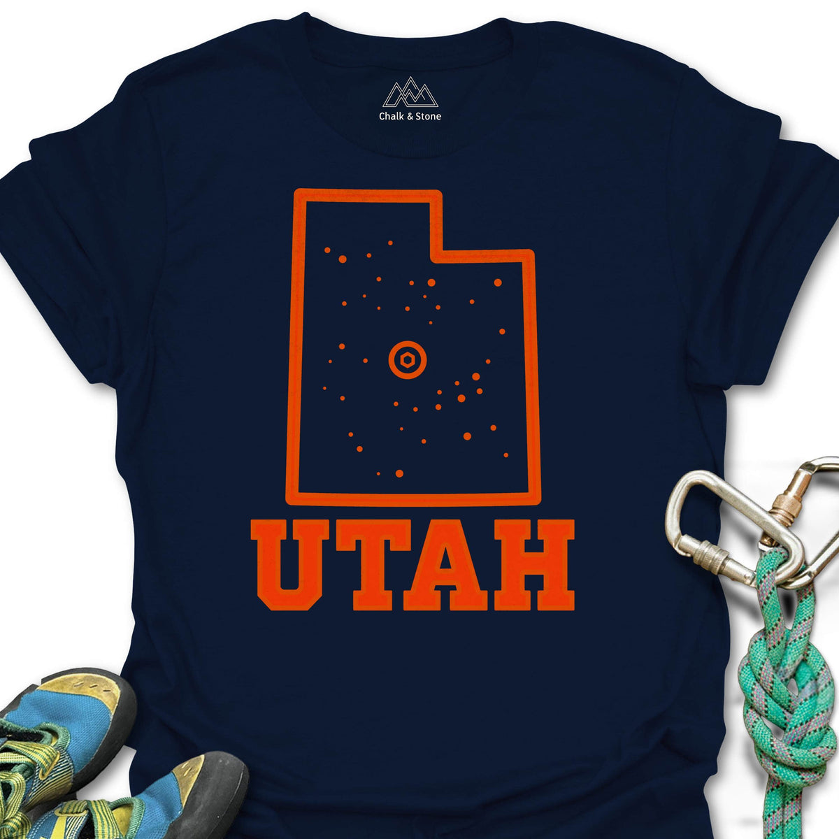Utah Climbing Hold Tee in Navy — flat lay mockup
