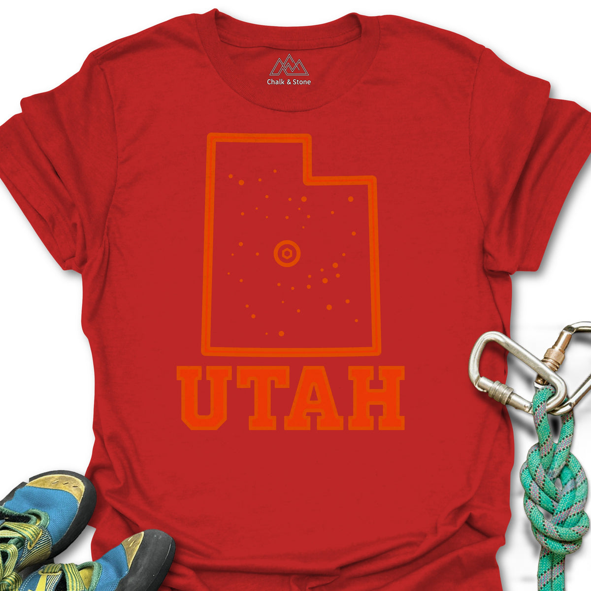 Utah Climbing Hold Tee in Red — flat lay mockup