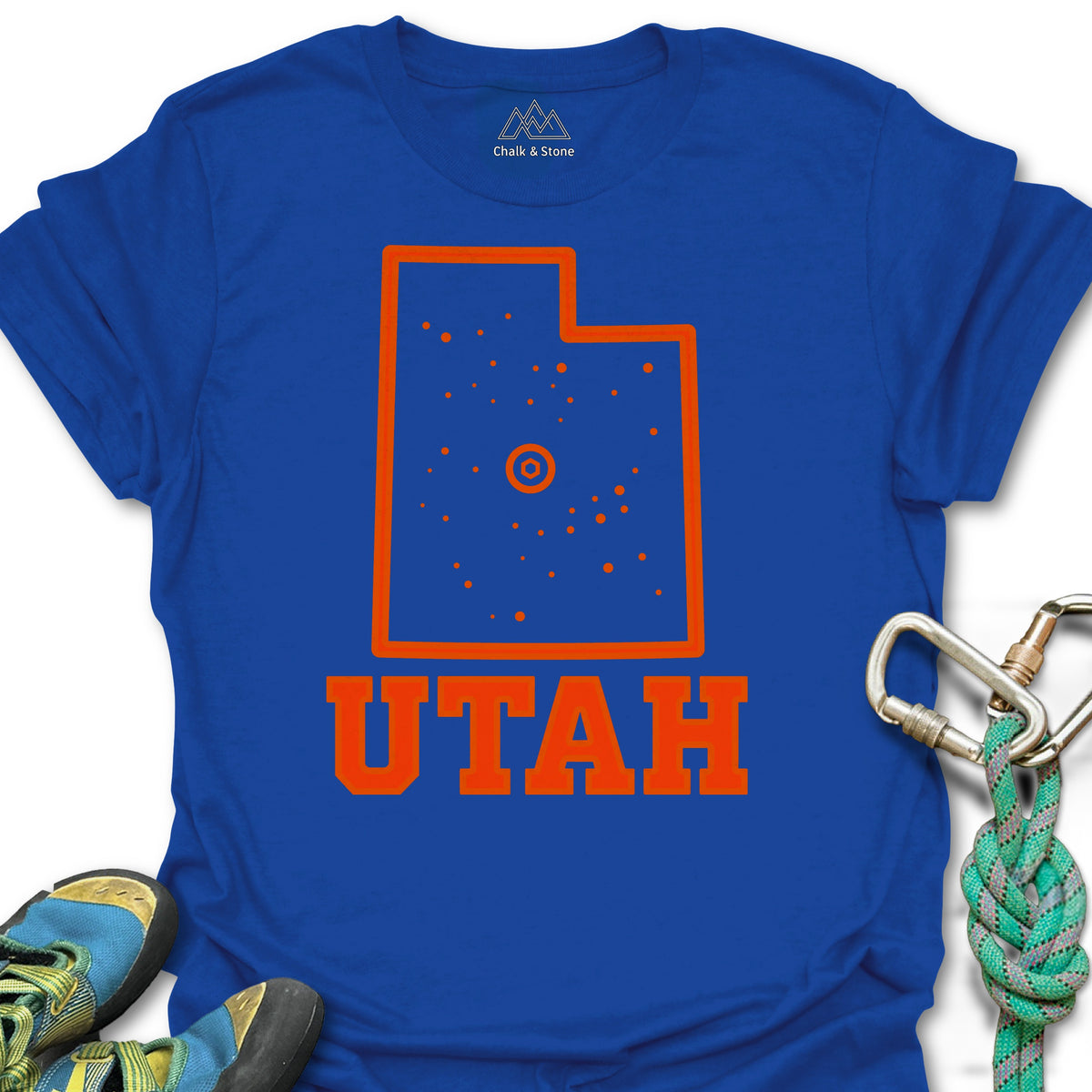 Utah Climbing Hold Tee in Royal — flat lay mockup