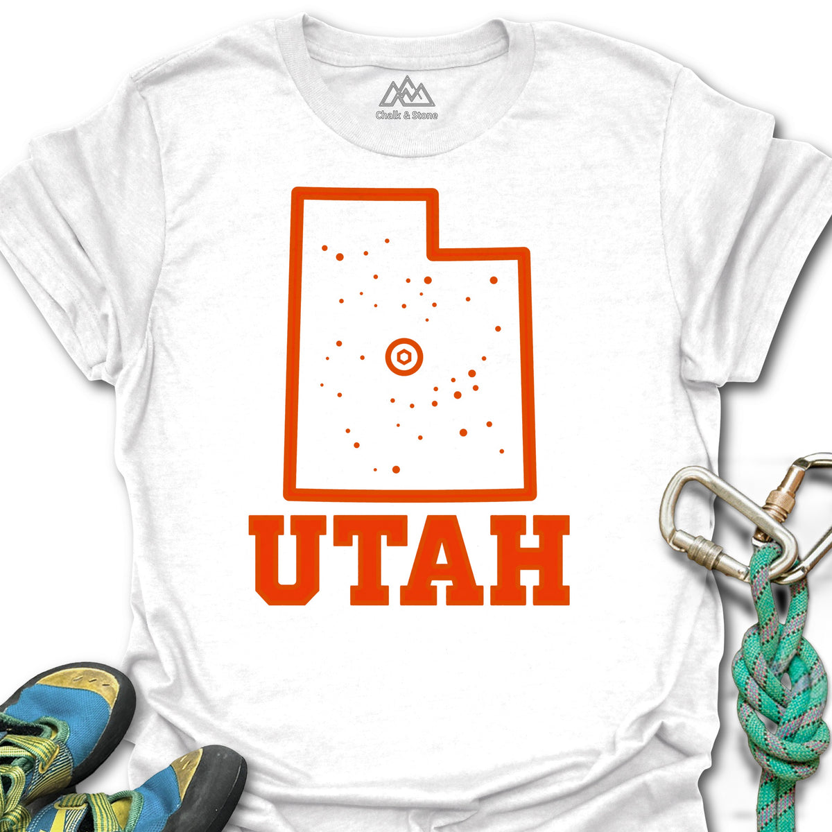 Utah Climbing Hold Tee in White — flat lay mockup